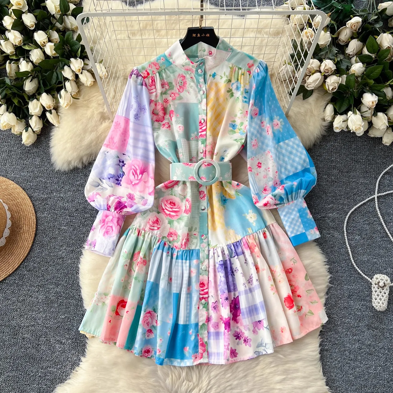 

Fashion Runway Designer Short Dress Women's Stand Collar Long Lantern Sleeve Colorblock Print Single Breasted Belt Mini Vestidos