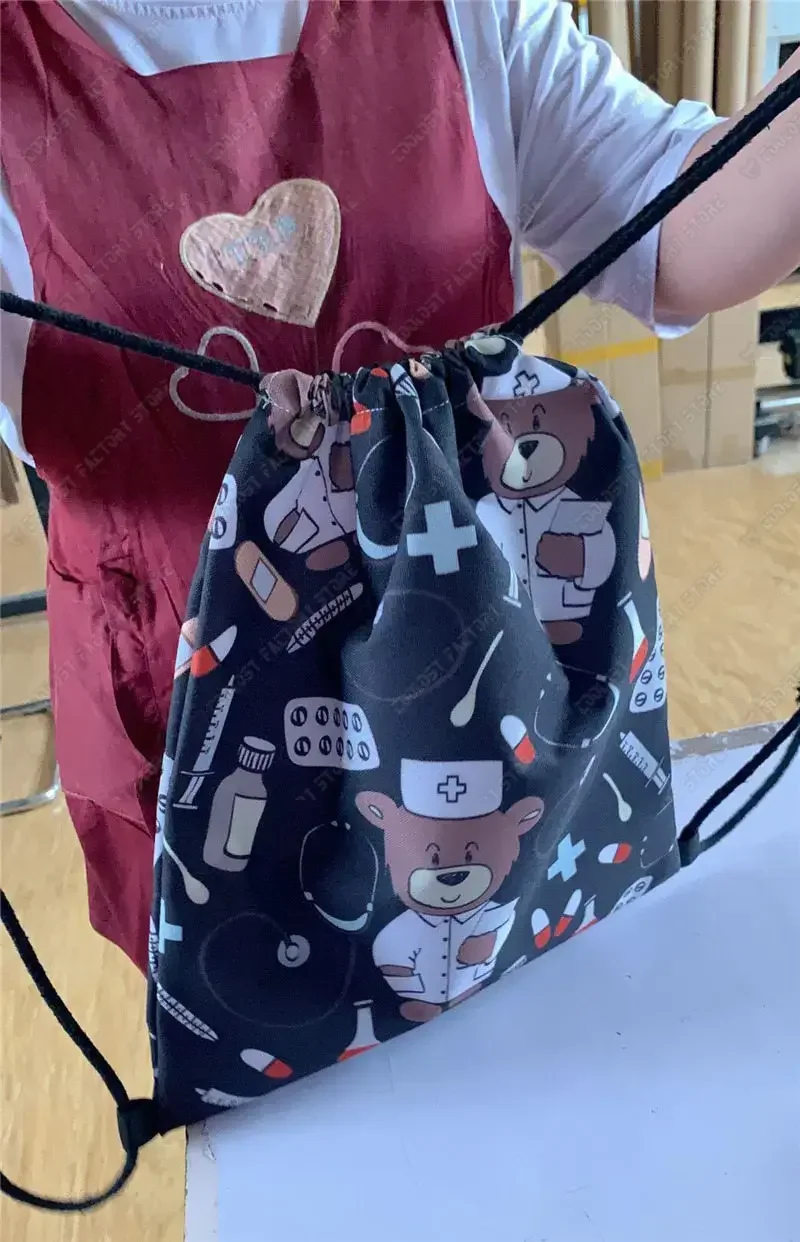 Cute  Black Cat Drawstring Bag Women Shopping Bags Canvas Travel Bag Fashion Storage Bags Teenager Girls Backpack