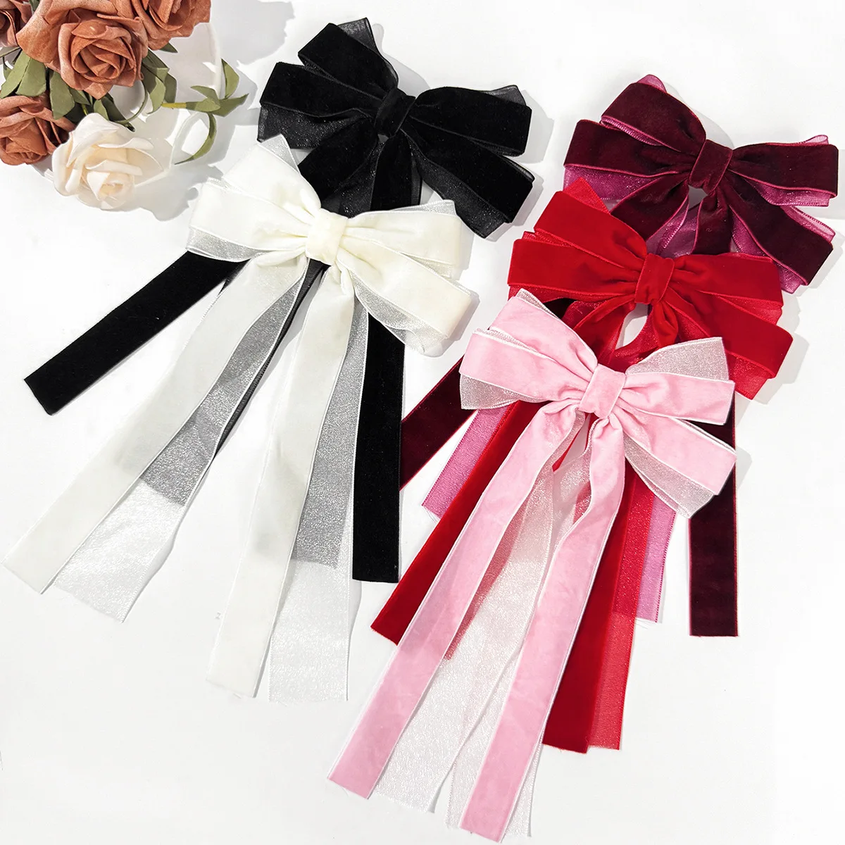 

20 Pcs/Lot, 6.3" Velvet Mesh Bow Hair Clips For Christmas Headwear Women Girls Long Tassel French Hair Barrette Ponytail Clip