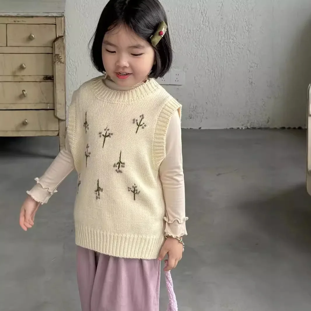 Mädchen Westen 2024, Herbst Neue Kinder Tragen Koreanischen Stil Mädchen Baby Handgehäkelt Lose Rundhals Gestrickte Weste Casual einfache