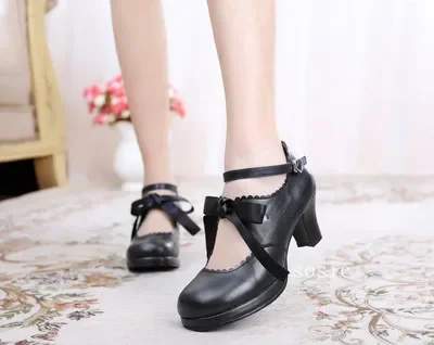 Lolita Shoes Jk Strappy High Heel Black Women Bowknot Princess Kawaii Girl Women Shoes Vintage Sweet Kawaii Girl Tea Party Cos