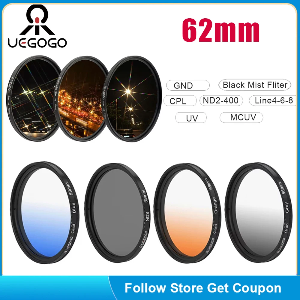 UEGOGO 62mm Filter Gradient GND Red GrEy CPL/UV/MCUV ND2-400/Soft Focus Black Mist Diffusion Star Line 4 6 8 Camera Lens Filter