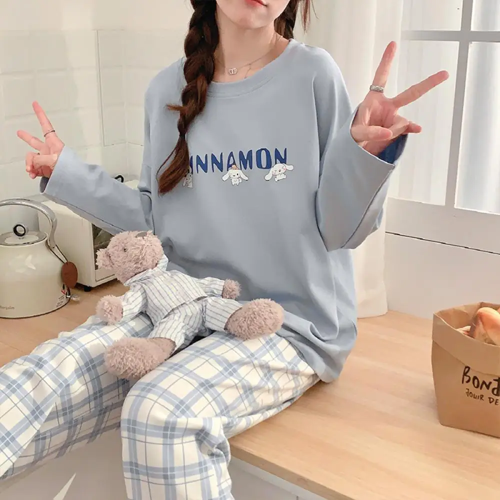 

Kawaii Cinnamoroll 2 шт. пижамный костюм Sanrio для женщин, брюки с длинными рукавами в стиле аниме, осенняя хлопковая мягкая домашняя одежда, свободная милая одежда для девочек