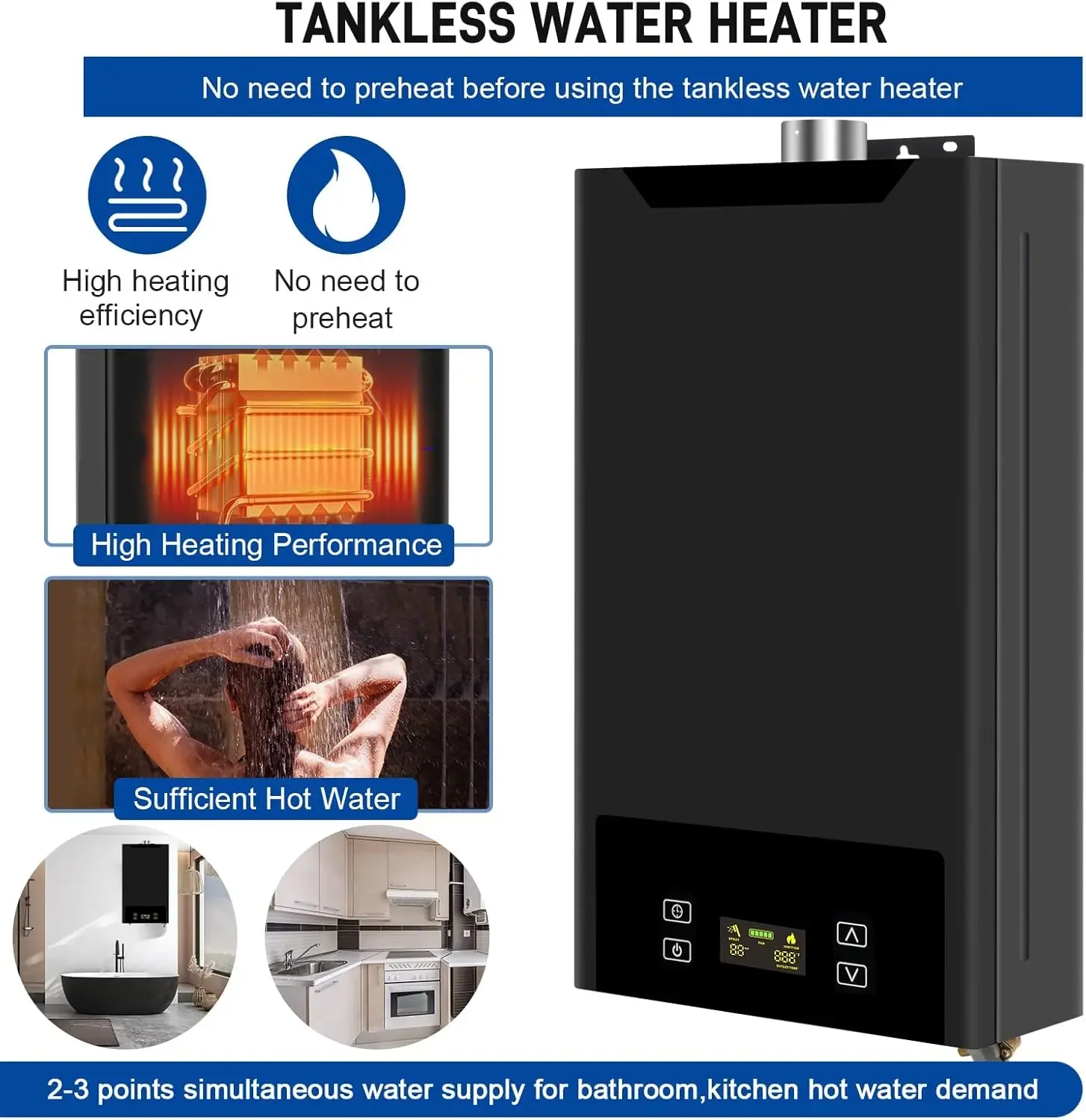 Calentador de agua de propano, 4,74 GPM 18L interior, calentador de agua instantáneo de gas propano caliente, calentador de agua de propano constante con Fahrenheit