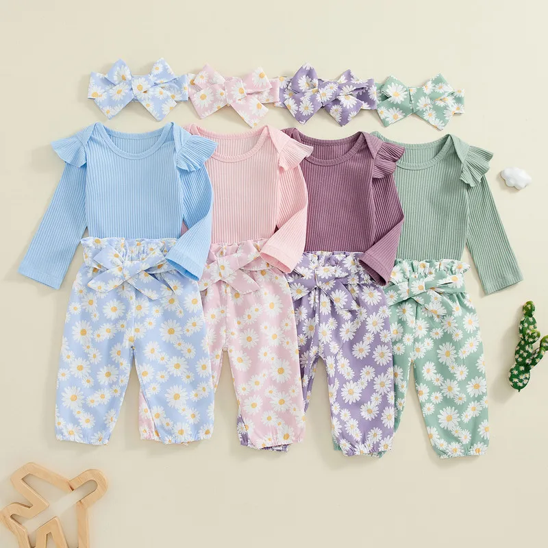 

Newborn Baby Girls Pant Sets Fall Clothes Long Sleeve Ruffled Ribbed Bodysuit Daisy Long Lacing Trousers Hair Band Outfits