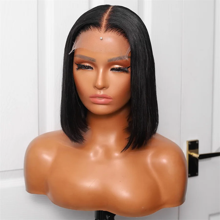 شعر مستعار ناعم طبيعي أسود بدون صمغ 180 كثافة قصير بوب مستقيم عميق باروكة أمامية من الدانتيل للنساء مع شعر أطفال مقطوف مسبقًا يوميًا