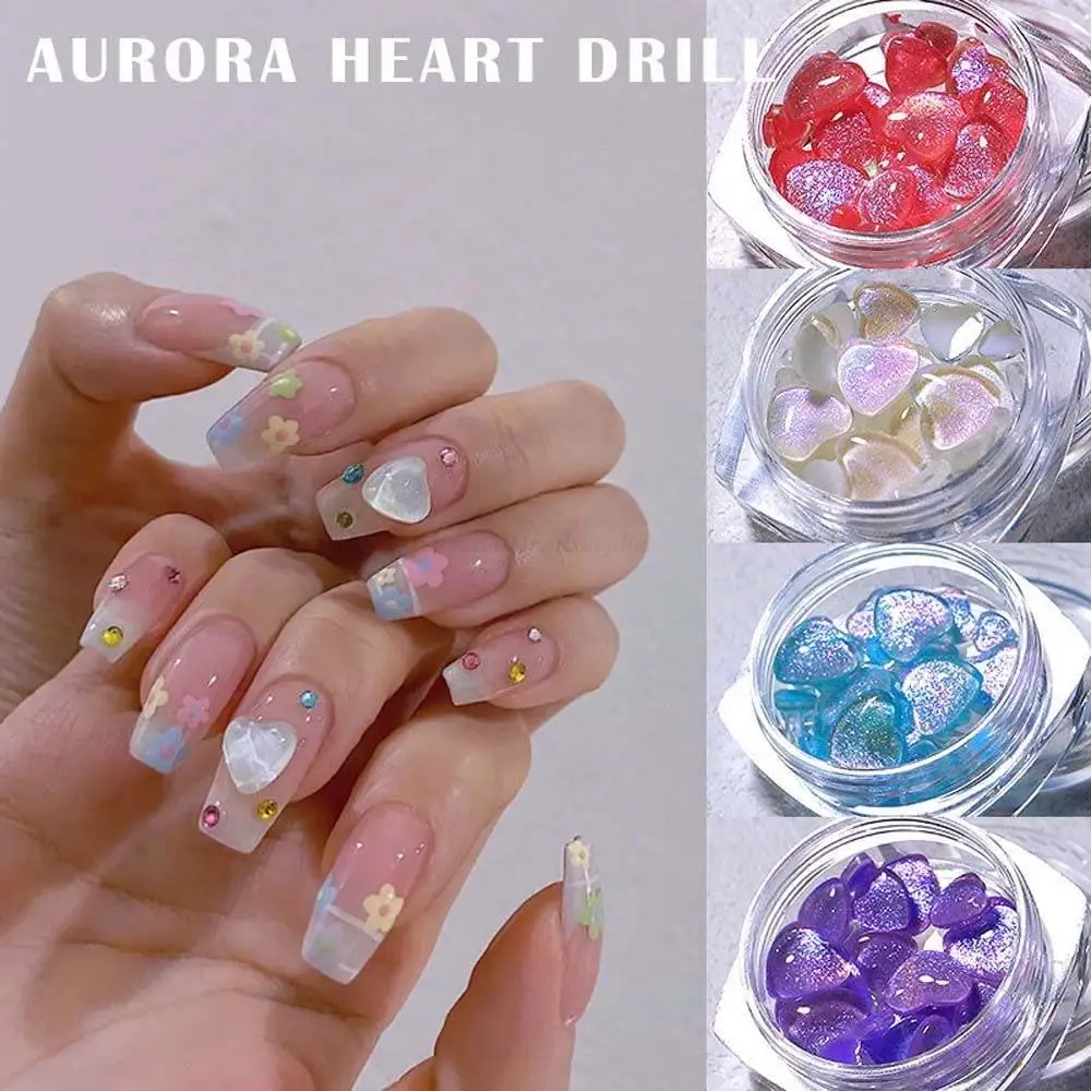 30-40pcs Resin Kawaii Nail Art Charms 3D Flatback 4/5.5/7mm Heart Aurora Glitter Rhinestone Colorful Pentagram DIY Accessorie