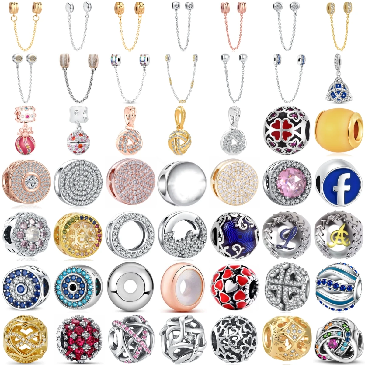 Fashion Safety Chain Dangle Charms Large Hole Beads Pave Crystal Enamel Heart Cross Beads DIY Bangle Bracelet Jewelry  Gift