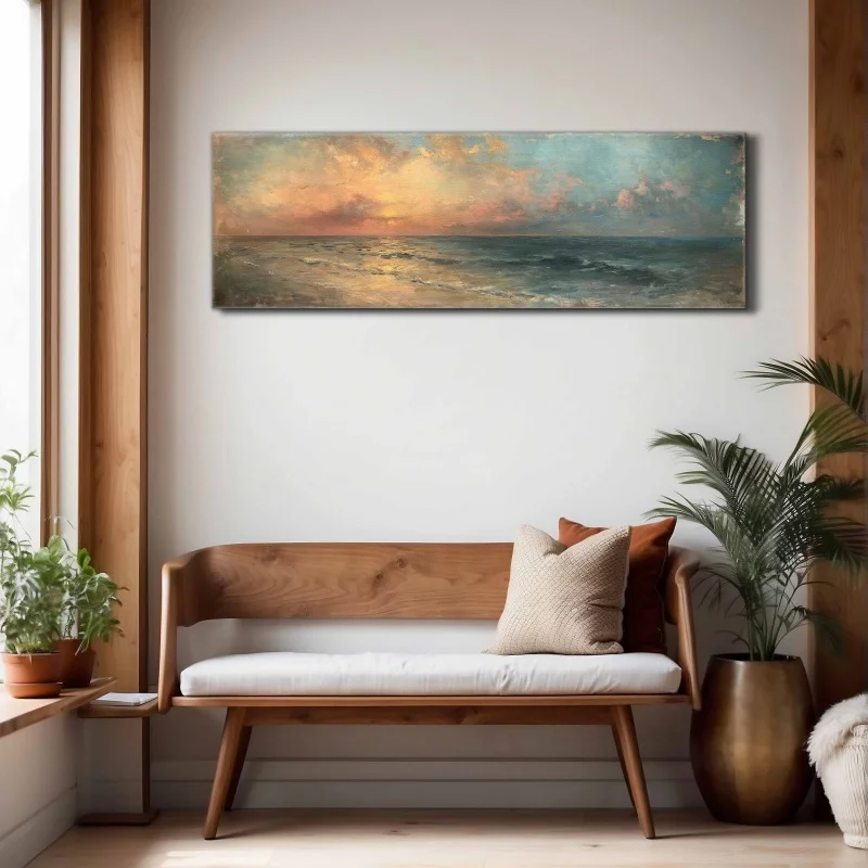 Moody Seascape Wall Canvas Art Unframed, Wide Vintage Horizontal Painting Print, Large Wall Art, Above Sofa/Bed Boho Wall Decor