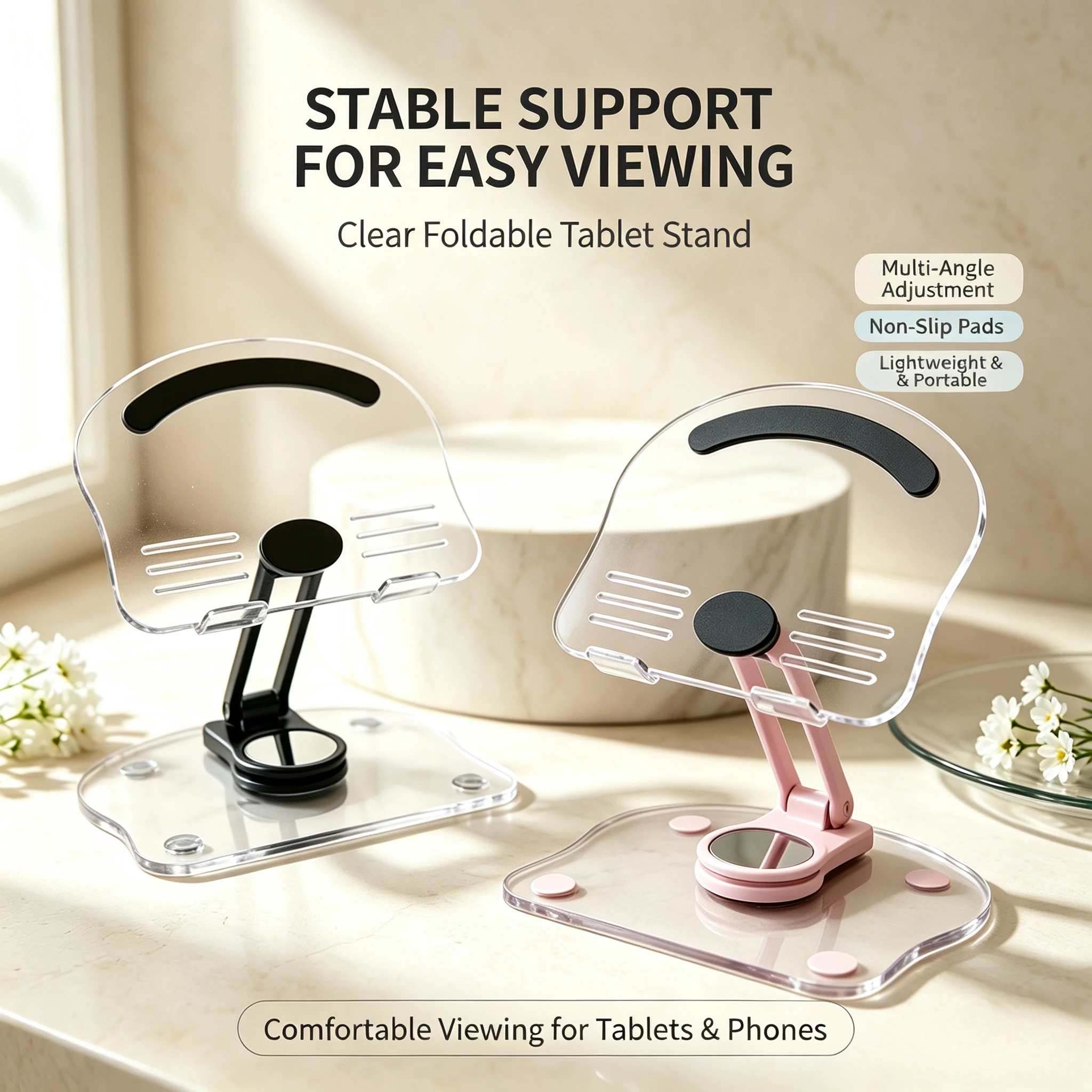 New Transparent Acrylic Tablet Stand Foldable Adjustable Rotating Phone Holder Multi-Angle Desktop Anti-Slip Pad Support