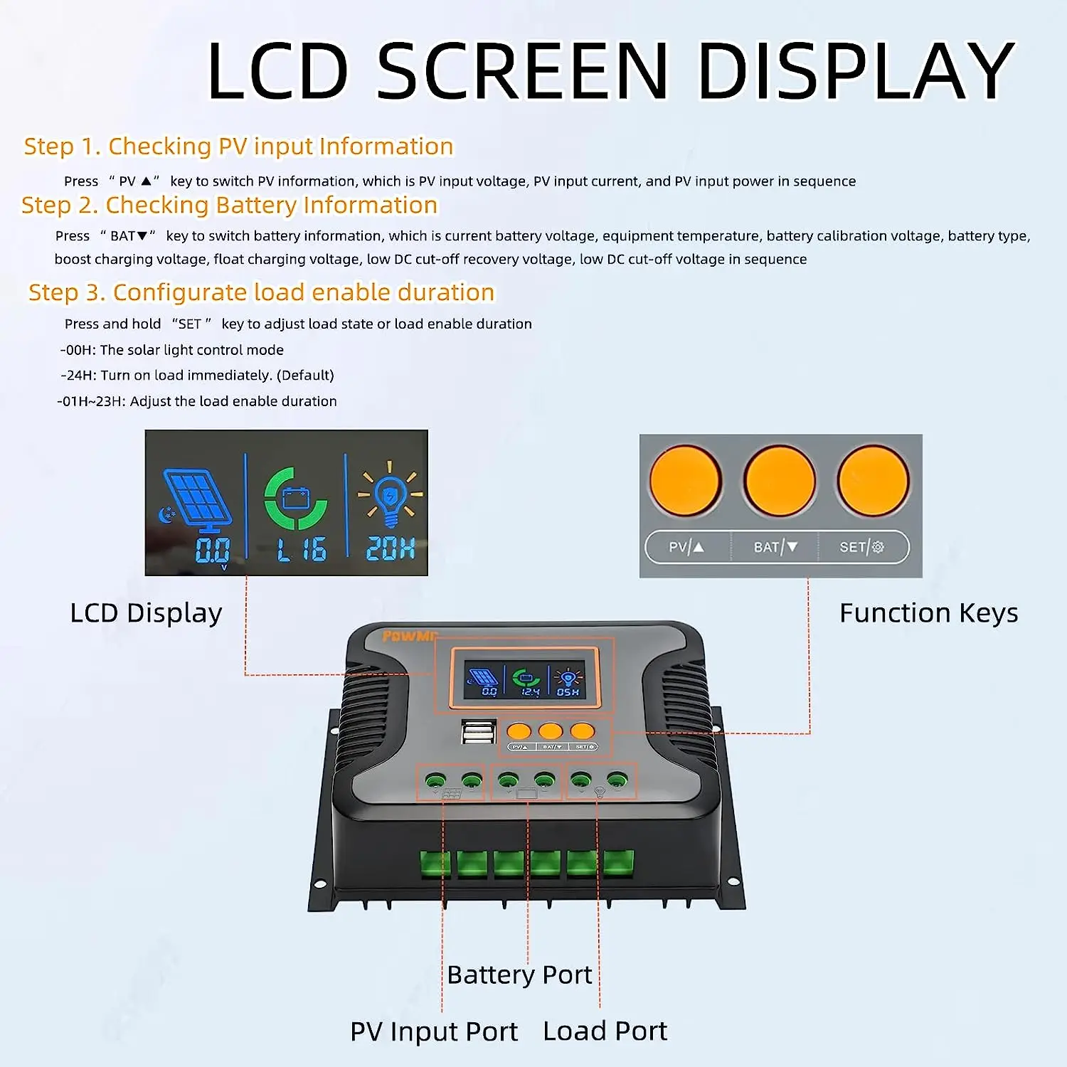 Imagem -03 - Carregador Solar Controlador Regulador de Display Lcd Porta Usb Dupla Luz de Fundo Auto Max pv 100vdc 12v 24v 36v 48v 30a 60a 80a Pwm