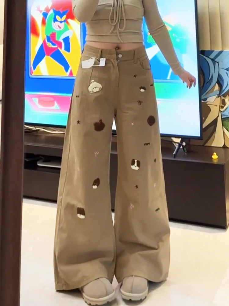 Sweet Cool Spicy Bear Embroidery High Waist Wide Leg Pants Women's Design Sensation Khaki Loose Slim Straight Jeans