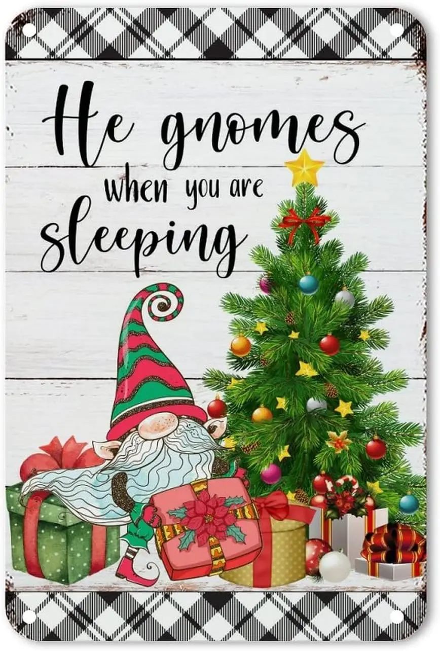 Он гномы, когда вы спите, жестяной знак, рождественские конфеты, стена гнома, жестяной знак, античный Рождество, приближается табличка, металлическая стена