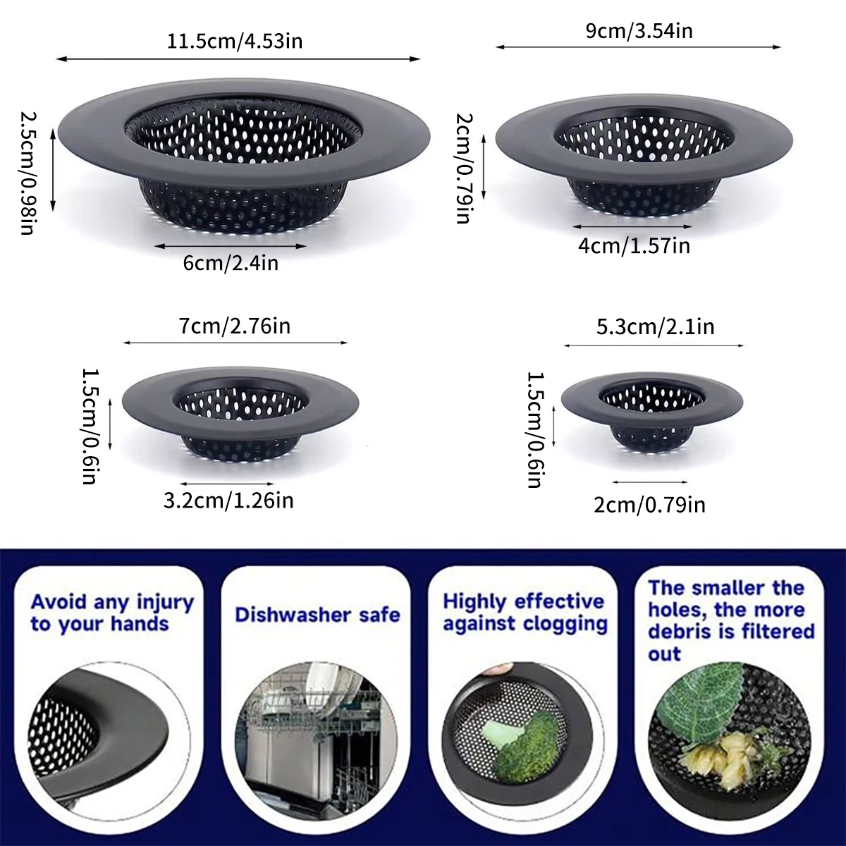 1/2 Piece Black Stainless Steel Sink Drain Filter, Highly Effective in Preventing Clogs, Available in 4 Sizes - Essential Kitchen Cleaning Tool, Anti-Clog Drain Filter Specifically Designed for Sinks, Suitable for Kitchen Sinks, Dishwashing Basins, and Bathroom Drains