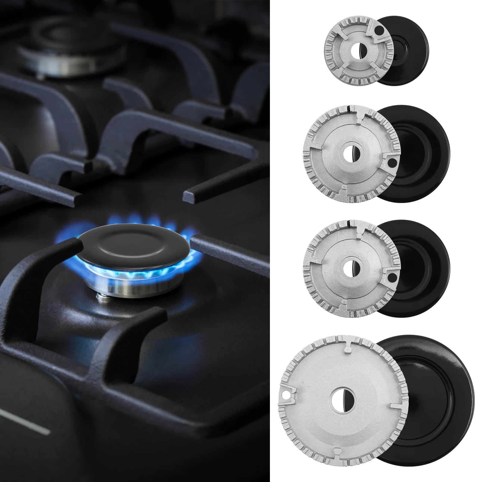 4Pcs Cooker Hat Set Metal Cooktop Burner Cap and Burner Head Replacement Kit Gas Stove Burner Caps for Most Gas Stove Burners