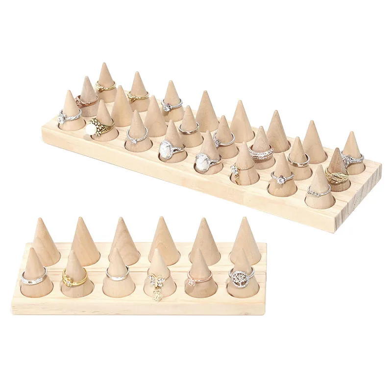 

Jewelry Shop 2 Rows Natural Wood Conical 12 Slots Jewelry Show Ring Display Stand Holder Rack