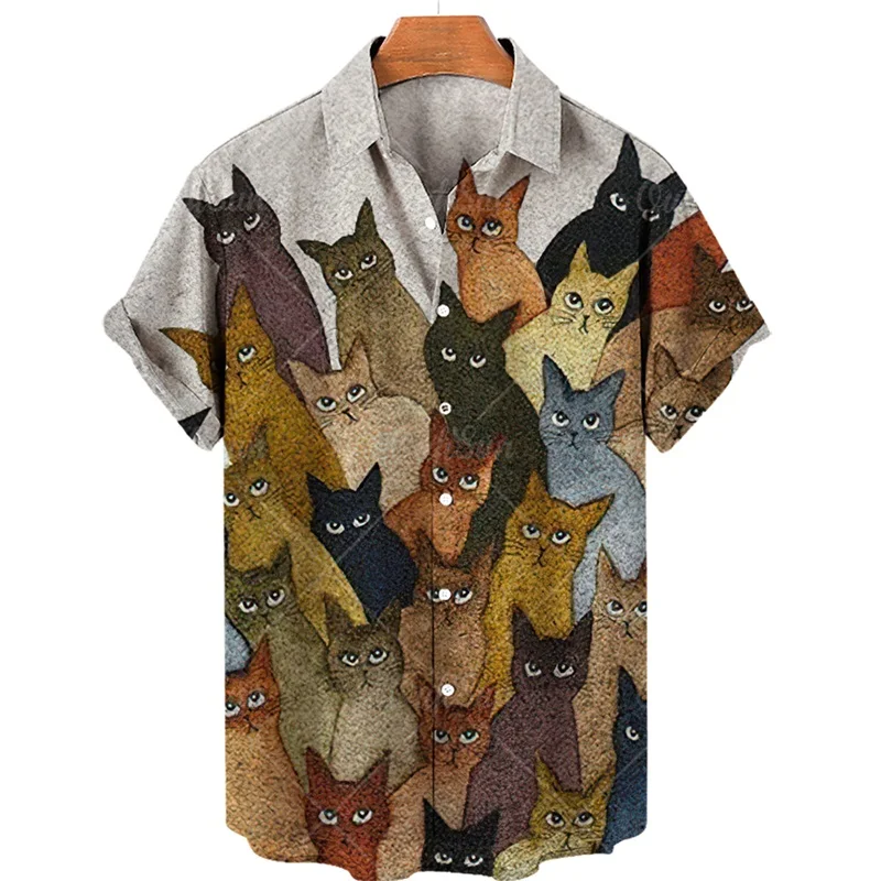 

3d Print Animal Cat Graphic Beach Shirts For Men Casual Short Sleeve Button Up Hawaiian Shirts Blouse Men's Vacation Aloha Shirt