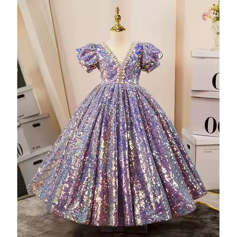 Sequined Evening Dress Fluffy Princess Birthday Banquet Wed Party Vestidos Performance Autumn Sequined Beading Prince