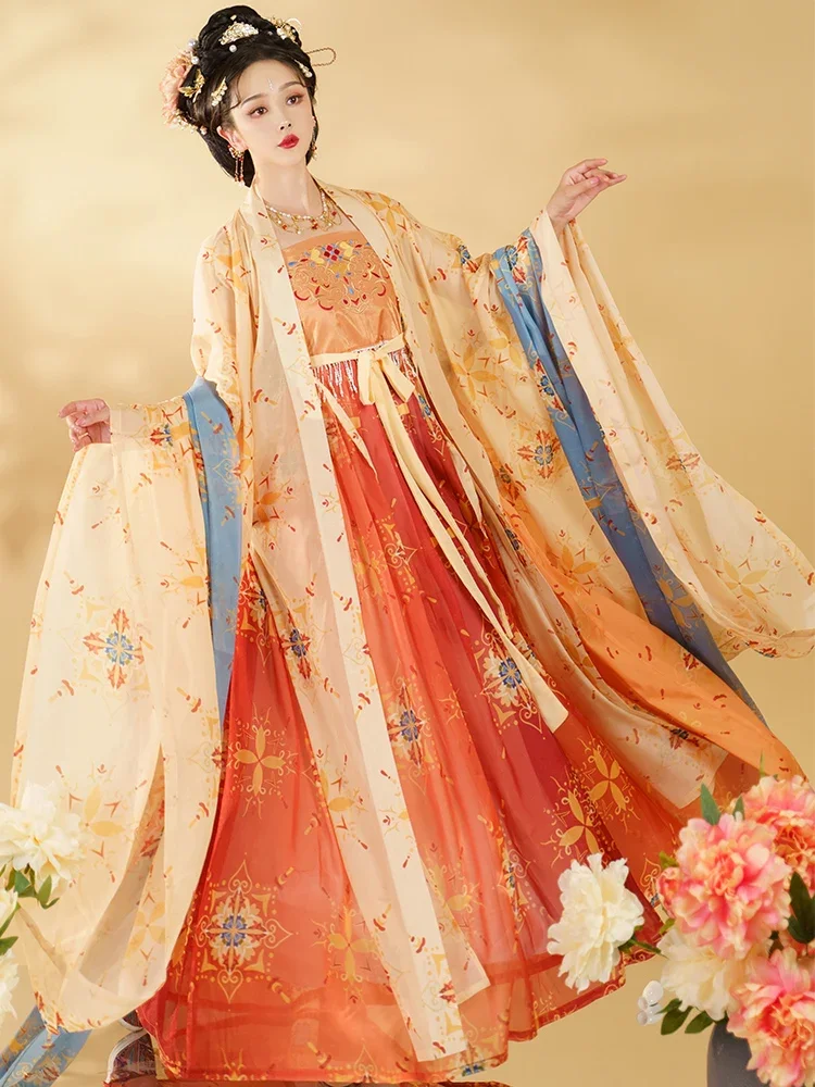 Original Ancient Red Kimono Hanfu Dresses Tang Dynasty Embroidery Chinese Style Traditional Folk Dance Vintage Cosplay Costume