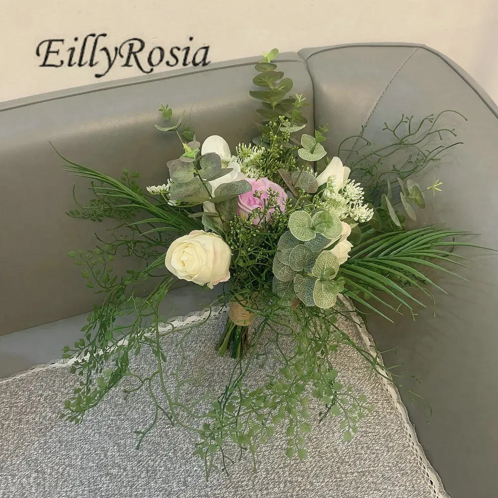 

EillyRosia Natural Design Bridal Bouquet Fleur Artificielle White Purple Roses Eucalyptus Leaves Bouquet demoiselle d’honneur