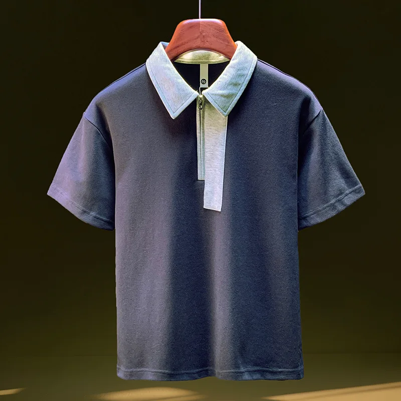 

Color blocked lapel short sleeved polo shirt for men, loose and trendy 2025 summer new style shirt, half zip T-shirt