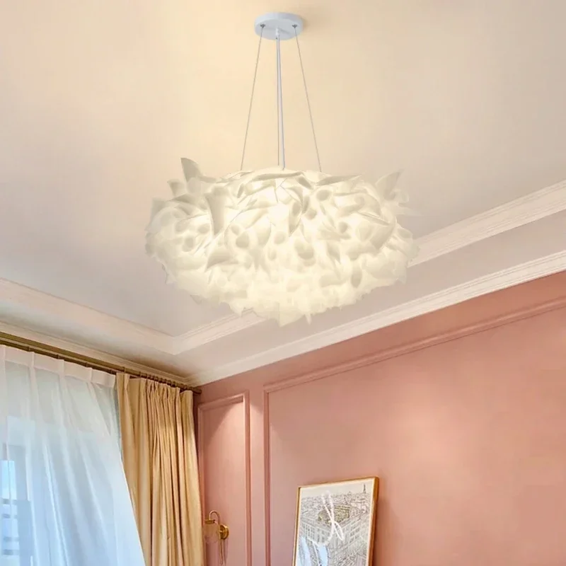 Flor branca romântica luzes de teto LED, controle remoto, escurecimento Home Decor, PVC Hanglamp, quarto, restaurante, sala de estar lâmpada