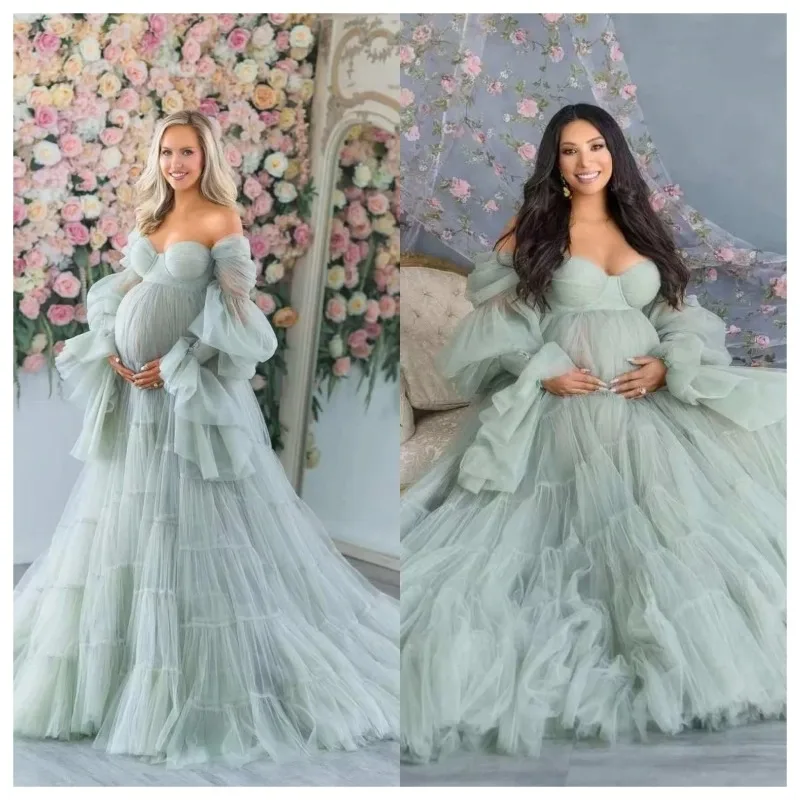 

Maternity Dress for Photoshoots Ruffled Tiered See Thru Long Robes Photo Shoot Mother and Daughter Dresses Customize