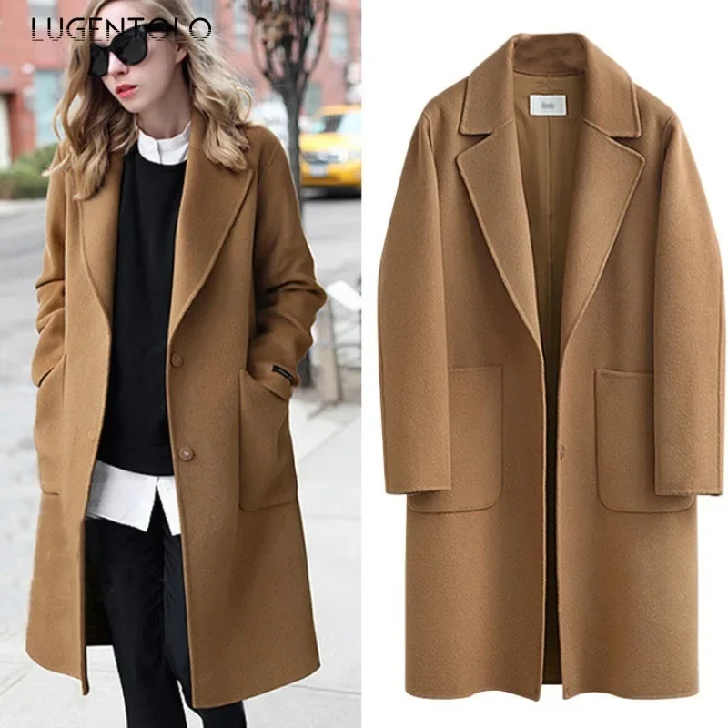 

Women Wool Coat 2024 Temperament Windproof Warm Oversized Windbreaker Elegant Lapel Double Pocket Fashion Jacket Available 5XL