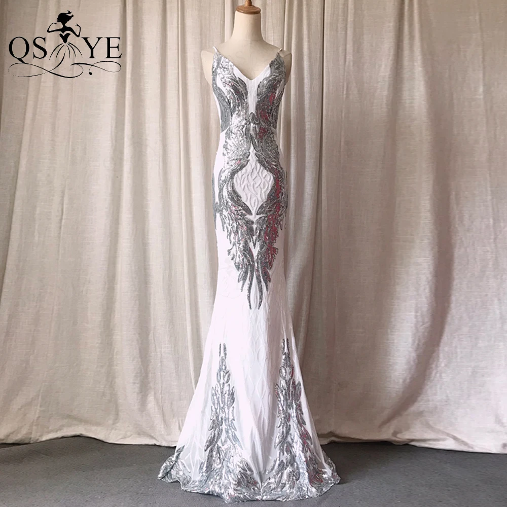 

Silver Evening Dresses Spaghetti Straps Mermaid V neck Prom Gown Sequin Embroidery Lace Formal Party Dress Chic Women Fashion