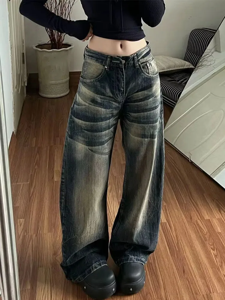 American Streetwear Jeans High Waist Pockets Print Casual Loose Wide Leg Pants Y2k Harajuku Vintage All Match Women's Clothing
