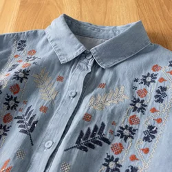 Vintage Chic Women Floral Embroidery Beach Bohemian Denim Cotton Blouse Shirt Long Sleeve Stand Collar Loose Boho Jeans Shirts