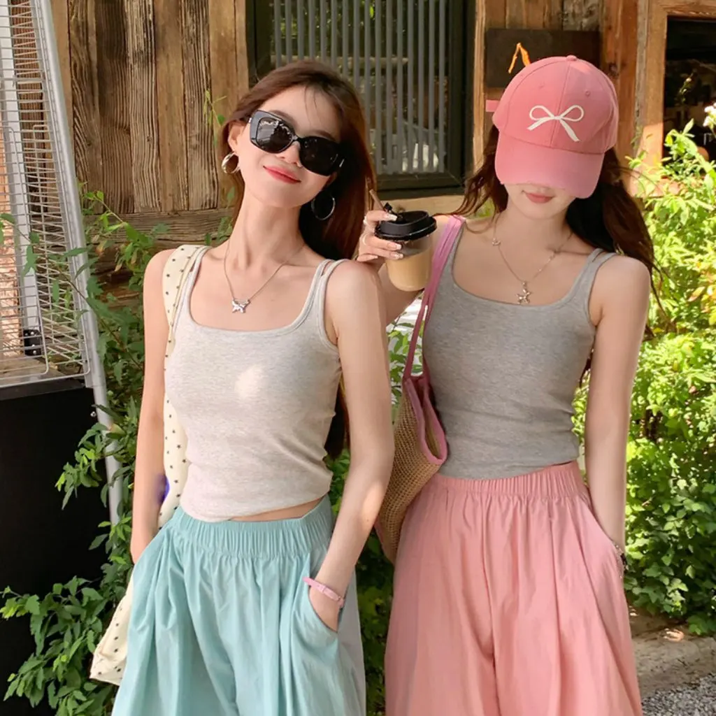 

French Camisole Women's Summer Inner Wear with Chest Pad Outer Wear Dopamine Seaside Style with Shoulder Straps