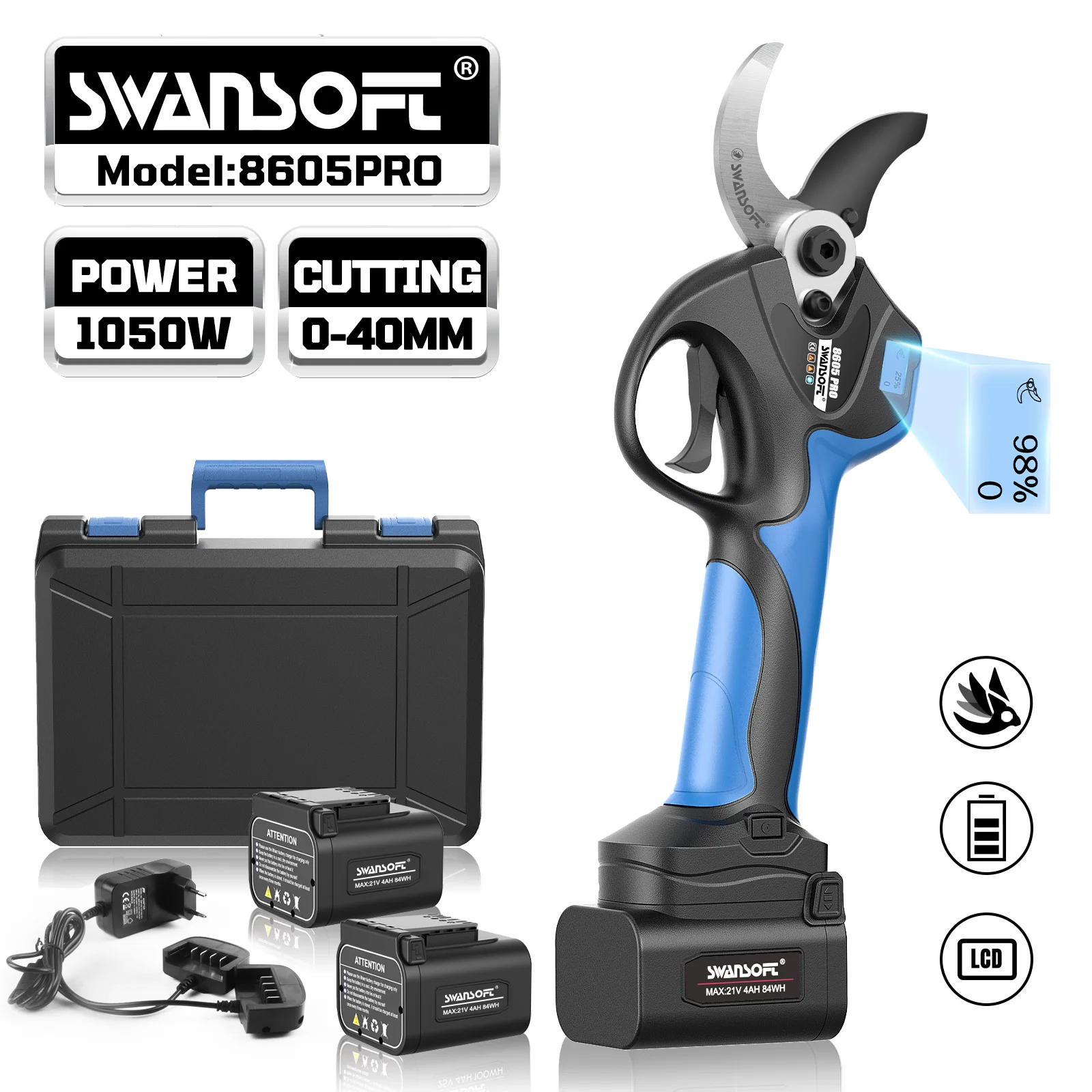 

Swansoft cordless electric pruning shear with 4AH battery, 40mm cutting diameter, with LCD