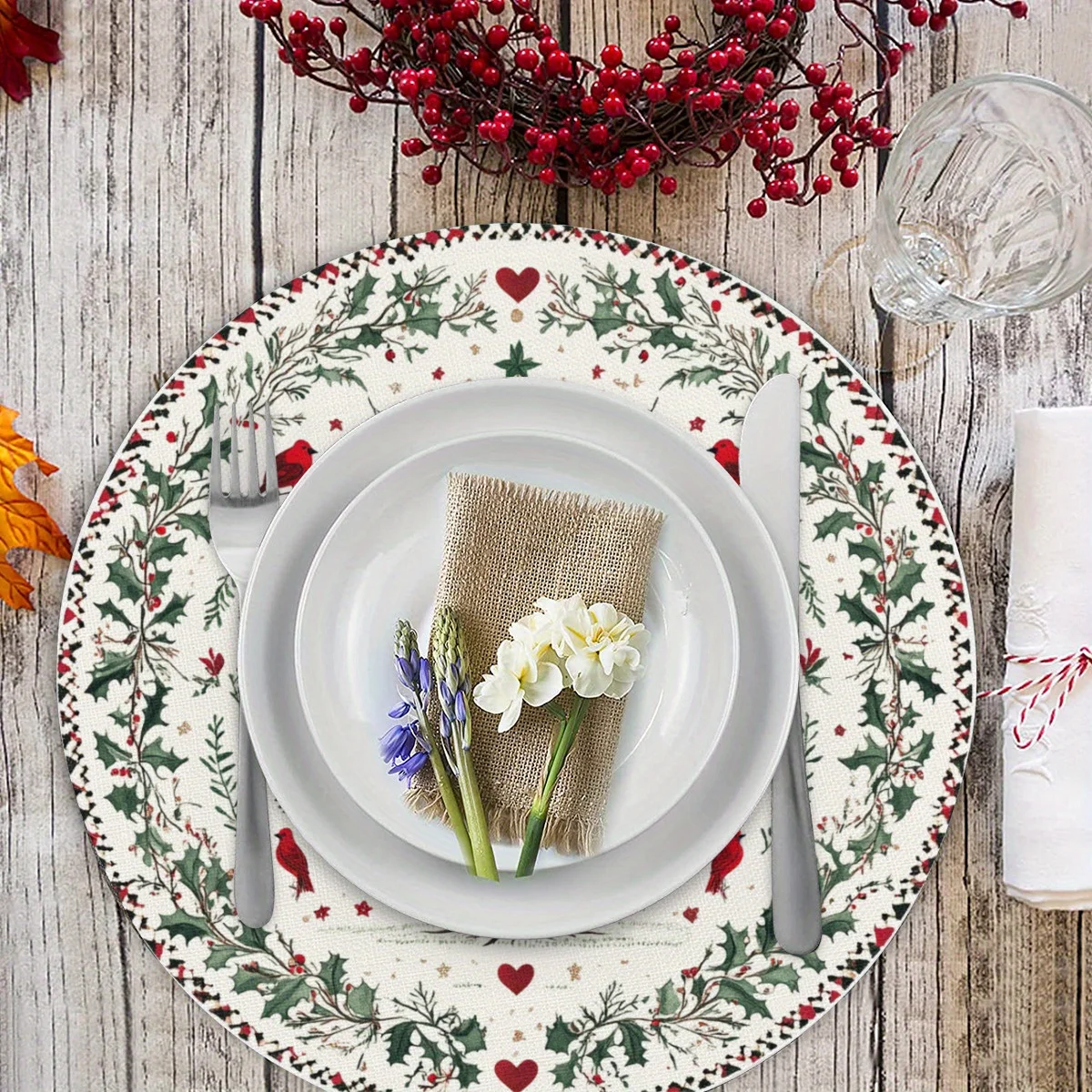 VIKAMA 4/6PC Christmas Tree Colorful Bird Meal Mat Holly Leaf Red Heart Round Party Table Decoration and Accessories