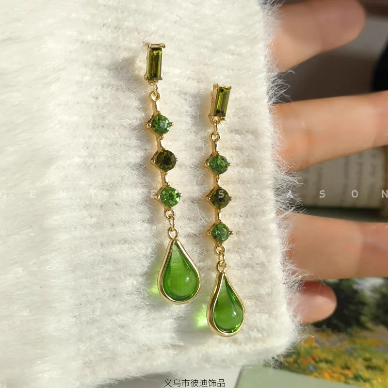 Forest Style Green Water Drop Gem Tassel Earrings For Women Trendy Zircon Ears Accessories Jewelry Casual Party Wear Girls Gifts