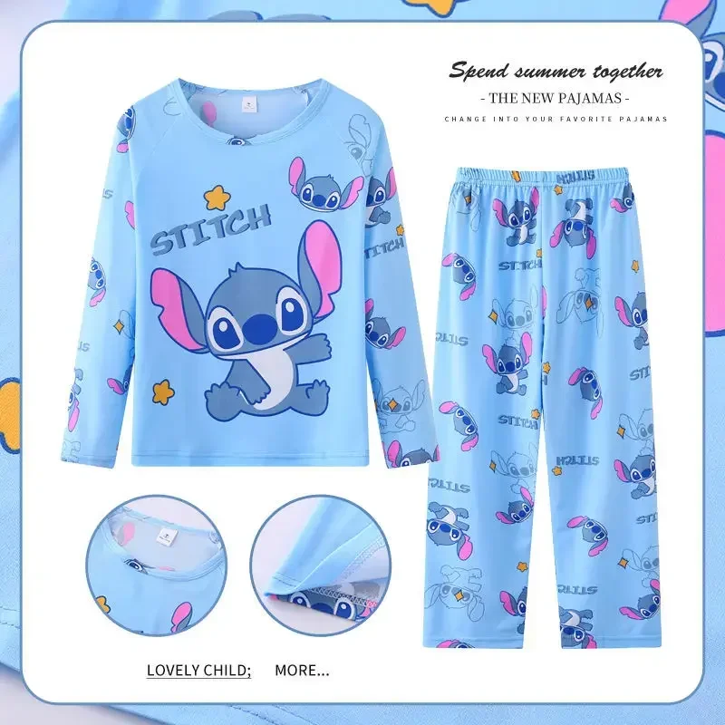 Disney Stitch Girls\' Pajamas 2-piece Set Long Sleeve Leisure Wear Kids Clothes Kawaii Lilo Stich Angel Print Tops Pant Sleepwear