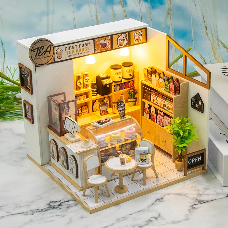DIY Houten Miniatuur Model Kit Eerste Schuim Theehuis Casa 3D Puzzel Poppenhuizen Met Meubelverlichting voor Vrienden Verjaardagscadeaus