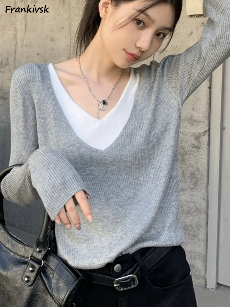 

Sweater Women Fake Two Piece Leisure Elegant Trendy V-neck All-match Panelled Streetwear Office Lady Daily Korean Autumn Chic