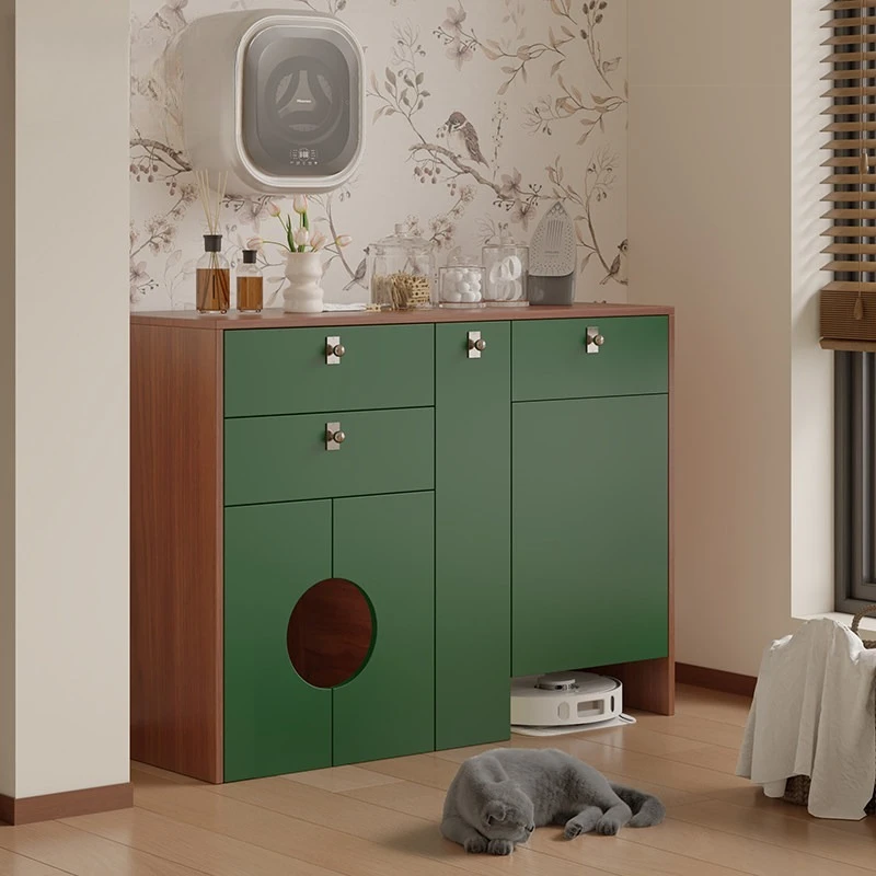 Retro pet furniture small apartment balcony sweeping robot storage cabinet