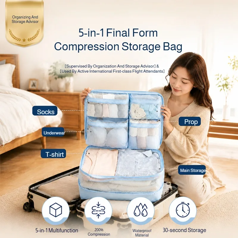 5-In-1 Self Compression Storage Bag Portable Travel Packing Cubes Ultra Space Saving Washable Clothes Compartment Organizer Bag
