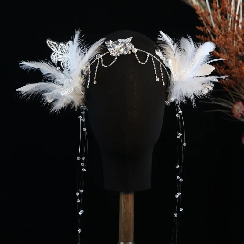 Bridal headdress white feather fringed headband wedding sweet eyebrow pendant and makeup hair accessories