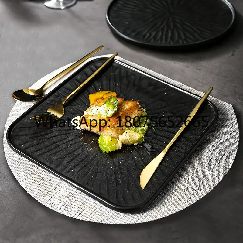 Matte black steak plate, Western knife, fork, spoon, plate, vintage ritual tableware set
