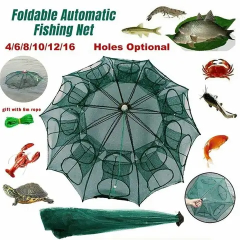 Green Magic Fishing Trap Durable Nylon Mesh Full Automatic 4/6/8/12/16 Holes Fish Net Easy Throw Foldable Fishing Net Outdoor