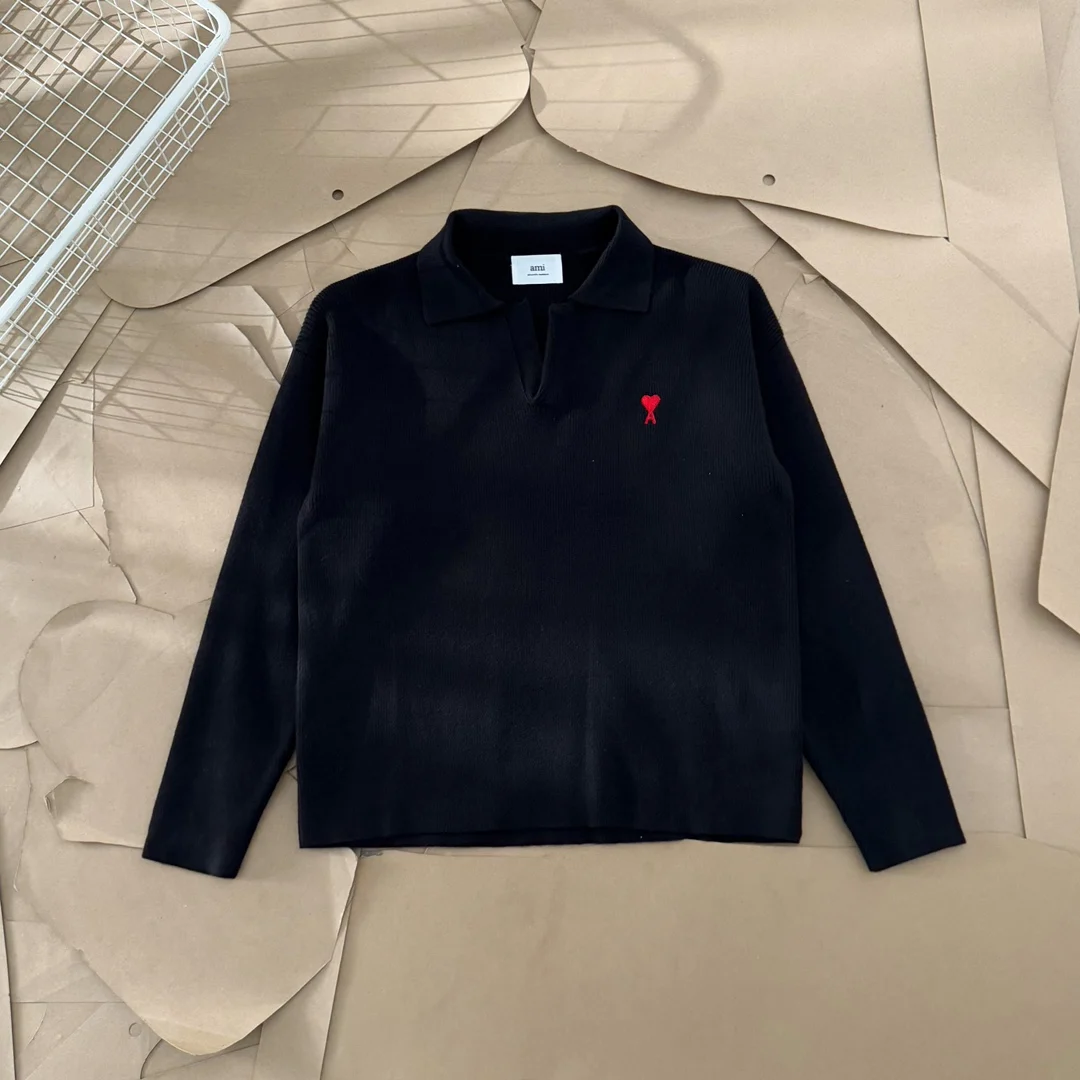 AP Polo Sweater Women Men Small Red Heart A Embroidery Ribbed Knitwear Loose V-Neck Lapel Pullover Autumn Winter Jumper
