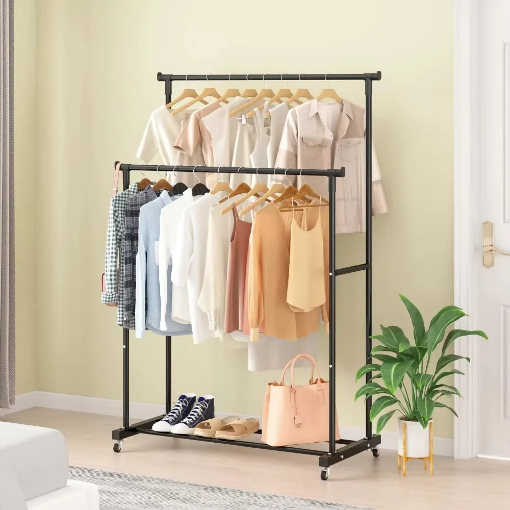 Clothes Rack Double-Rod Clothes Rack Movable Bedroom Clothing Hanger with Hooks Hanging Clothe Organizer and Wheels