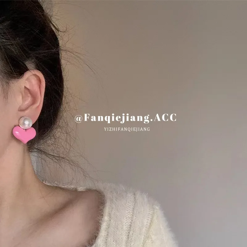 Korean New S925 Silver Needle Death Pink Love Pearl Earrings Fashion Leading Sweet and Cool Earings for Women Jewelry
