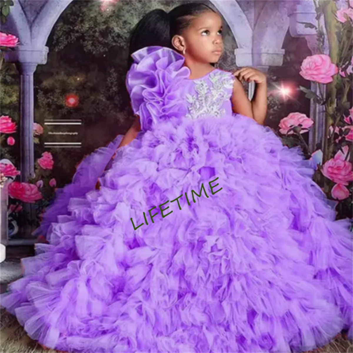 Pink Purple Flower Girl Dress For Wedding Sleeveless O Neck Layered Floor Length Cute Princess Birthday Party Ball Gowns