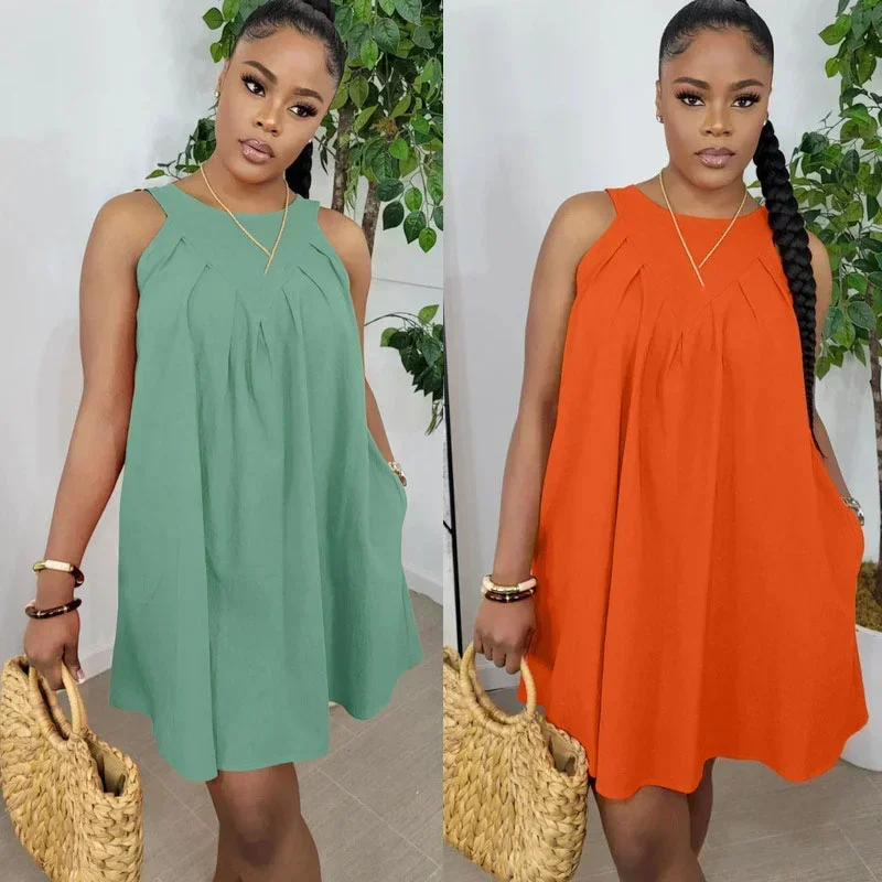 GUWU Elegant Women Sleeveless Loose A-line Smock Tank Dress Female Casual Streetwear Fashion Draped with Pocket Side Dresses