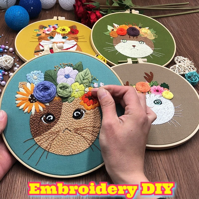 Original Designer Embroidery Cat Product Embroidery DIY Three Dimensional Beginner Basic Fabric Material Package Sample Design