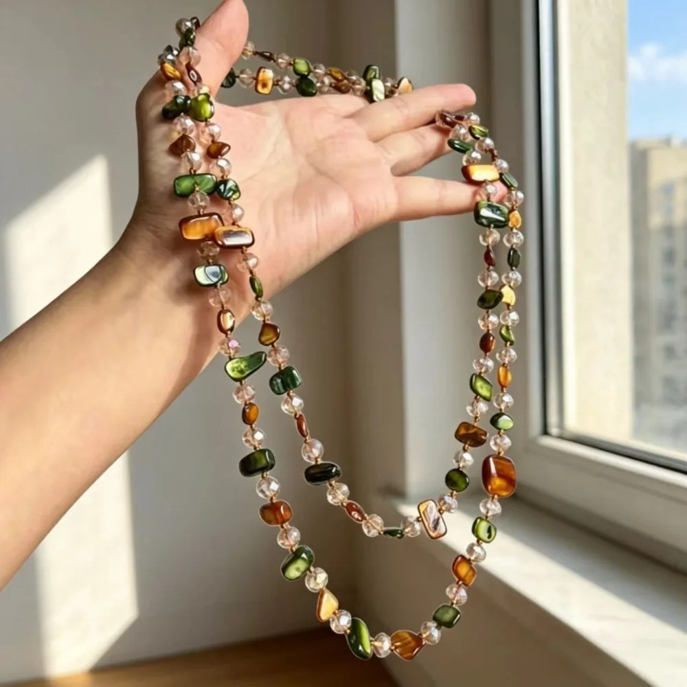 Vintage Fall Irregular Tiger Eye Stone Long Necklace Clear Crystal Hand Knotted Wrap Sweater Chain Women Boho Layer Jewelry